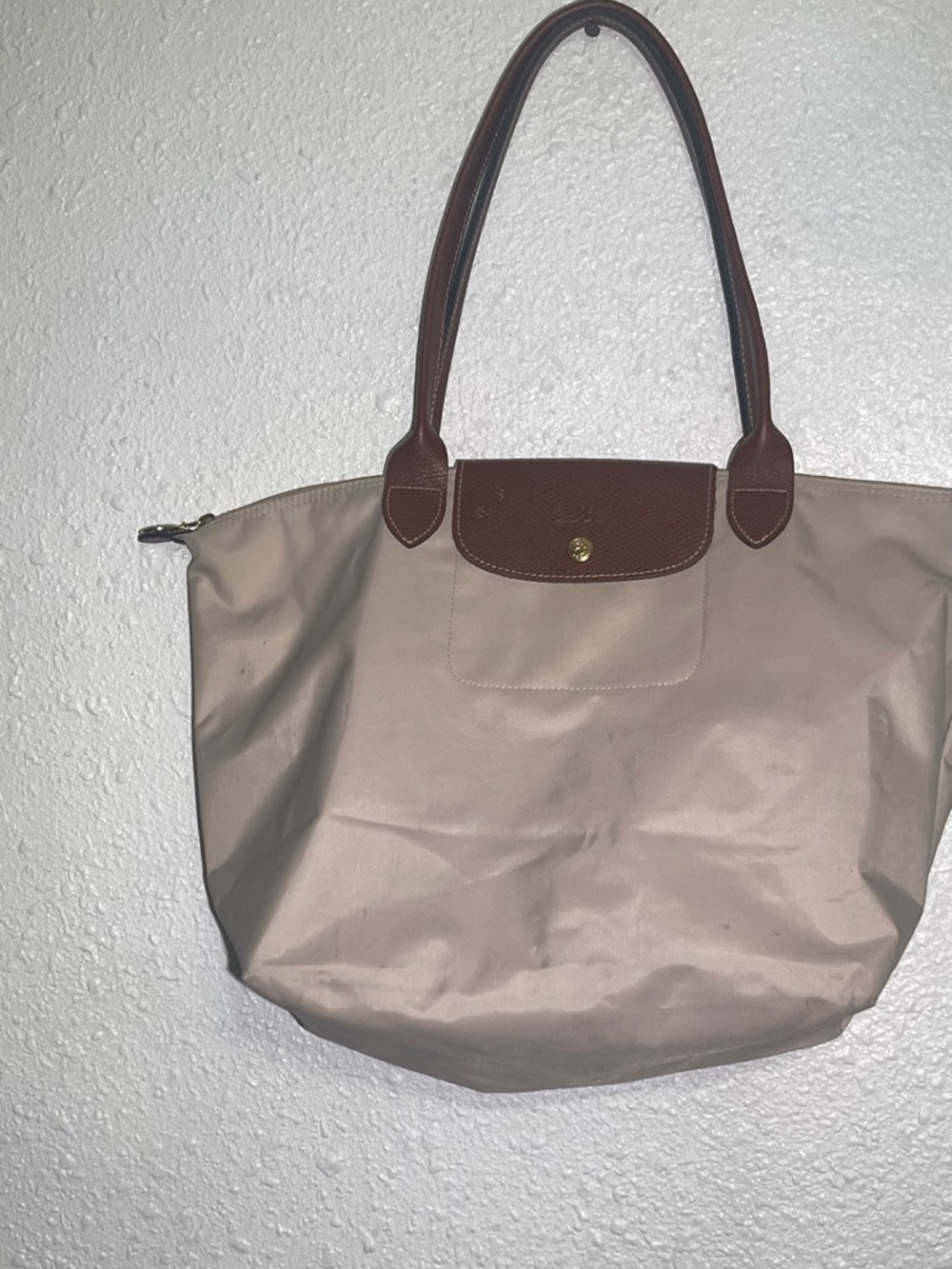 Longchamp Le’Pliage Tote Handbag in Beige with Brown Trim